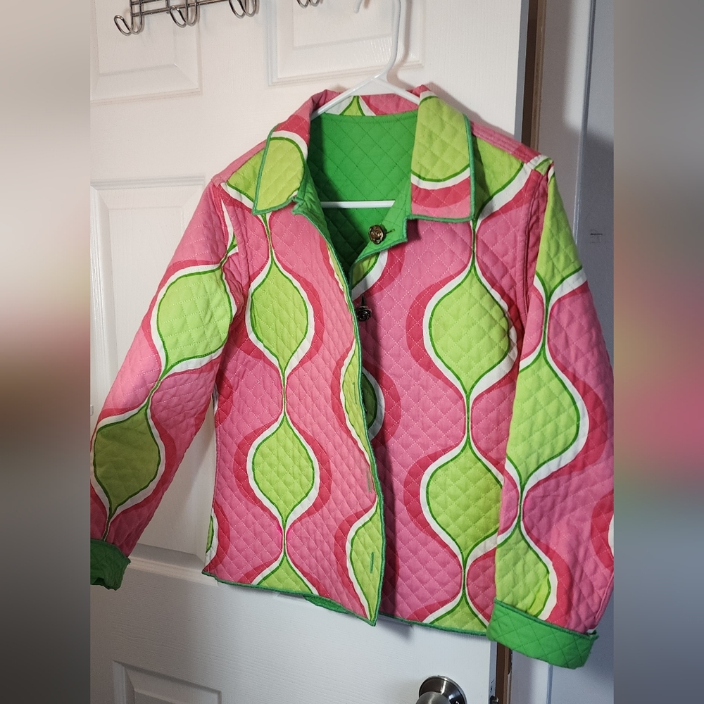 womens reversible quilted jacket colorful fun sz L green, pink, gold/silver...